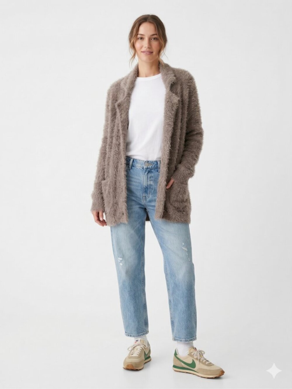 Newbury Kustom Taupe Fuzzy Eyelash Longline Collared Cardigan Sweater Size S/M